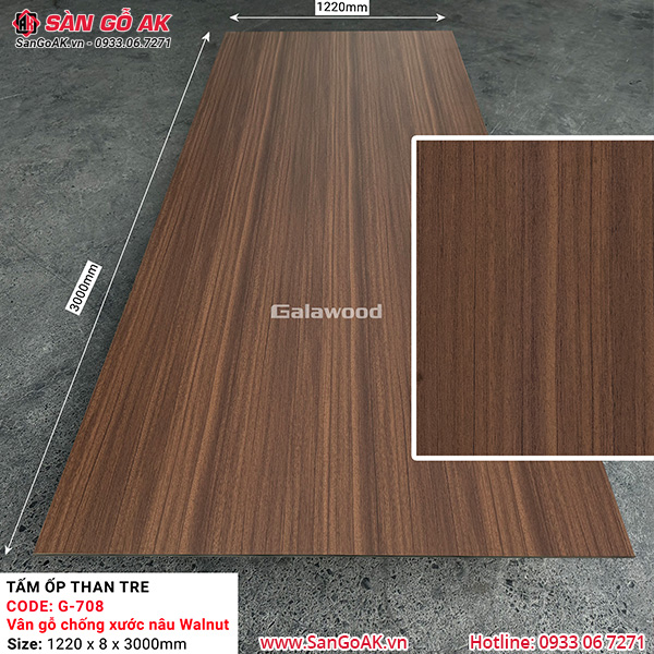 Tấm ốp than tre vân gỗ chống xước nâu walnut Galawood G-708